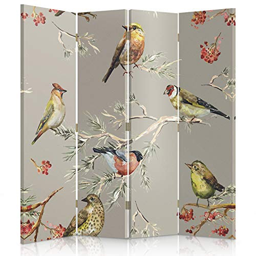 Feeby Paravent Vögel 145x180 cm 4 Teilig Modern Design beidseitig Raumteiler Wandschirme Foto Trennwand Raumtrenner Sichtschutz Spanische Wand auf Leinwand Bedruckt Grau Mehrfarben