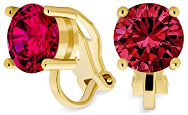 Boucles D'Oreilles Clips En Laiton Plaqué Or 14 Carats Avec Zircone Cubique CZ Ronde En Coupe Brillante Rouge Rose Simulée 2CT Ruby