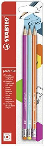 Bleistift mit Radiergummi - STABILO pencil 160 in pink, blau, orange - 3er Pack - Härtegrad 2B