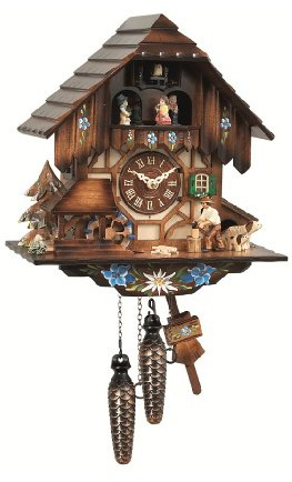 Engstler Quarz Kuckucksuhr mit Musik Schwarzwaldhaus mit beweglichem Holzhacker und Mühlrad EN 463 QMT