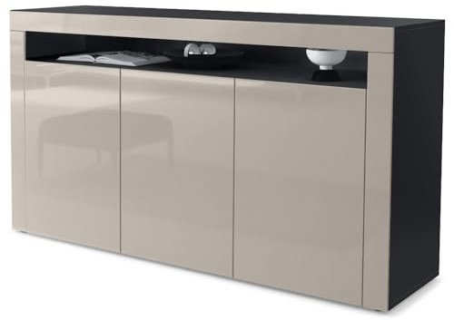 Vladon Sideboard Valencia, Made in Germany, Kommode mit 3 Türen und 1 offenem Fach, Schwarz matt/Sandgrau Hochglanz/Sandgrau Hochglanz (155 x 92 x 40 cm)