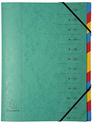 Exacompta 54120E Premium Ordnungsmappe aus extra starkem Colorspan-Karton DIN A4 12 vollfarbige bunte Fächer mit Organisationsdruck Ringmappe Register-Mappe 1 Stück Zufallsfarbe