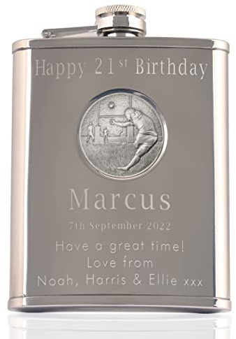 Mens 21st Birthday Stainless Steel Engraved Hip Flask with Solid Pewter Rugby Player Feature