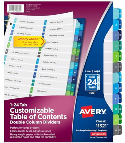 Avery Customizable TOC Ready Index Double Column Multicolor Tab Dividers, 24-Tab, 1 to 24, 11 x 8.5, White, 1 Set