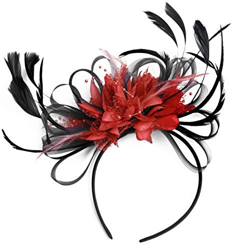 Sinamay Fascinator mit Untertasse, cremefarben und elfenbeinfarben, schwarz / rot, 1 count (Pack of 1)