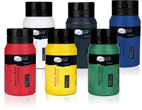 Artina 6er Acrylfarben Set 500ml – Deckende Malfarbe Schnelltrocknende Farbe zum Malen 6x500ml Profi Acryl Künstlerfarben Set Grundfarben Tuben Wasserfest, Hohe Pigmentierung & Lebendige Farben