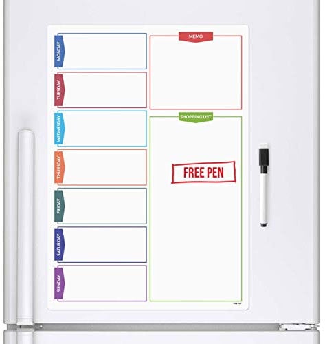 CKB LTD® COLOUR SHOPPING Magnetic Fridge Board With Marker White Board & Pen - Drywipe Magnet Whiteboard Kitchen Office Memo Notice Board Large A3 Meal Daily Planner