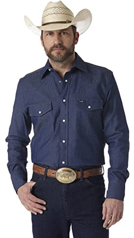 Wrangler Men's Cowboy Cut Western Long Sleeve Snap Work Shirt Firm Finish Shirt, Blue, XXL