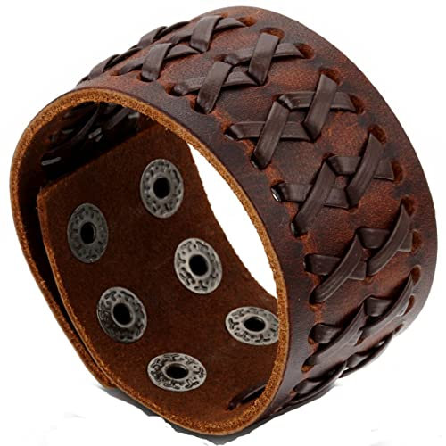 Flongo Herrenarmband Männer Armreif Lederarmband Surferarmband groß breit Biker Armband Manschette Braun Geflochten Punk Rock Einstellbar