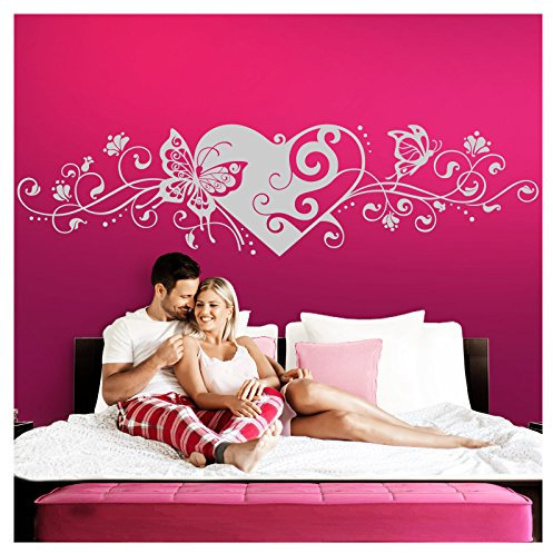 Grandora Wandtattoo Blumenranke Herz selbstklebend I hellgrau 116 x 29 cm I Schlafzimmer Liebe Love Schmetterlinge Wandtatoo Wandaufkleber Wandsticker W642