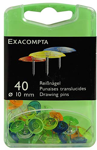 Exacompta 14045E 40er Pack Reißnägel Ø12mm in Kunststoffbox farbig sortiert mit 5 verschiedenen transparenten Farben
