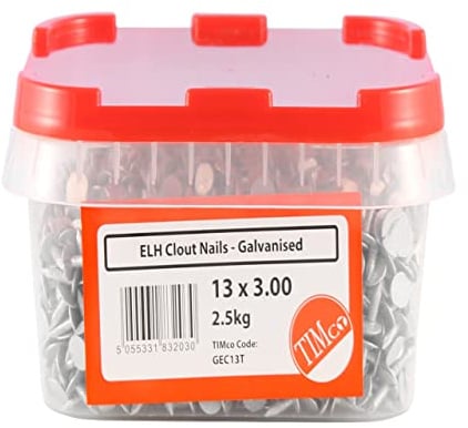 TIMCO Galvanized ELH Clout Nails - 30 x 3.00 - Extra Clamping - Perfect for Fitting Roofing Felt and plasterboard - 2.5kg Tub - Silver