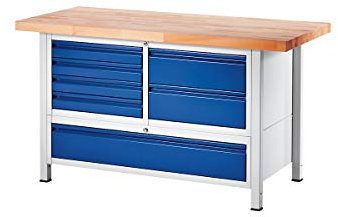 Werkbank, Gestellbauweise, 6 Schubladen Größe L, 1 Schublade Größe XXL, Tiefe 700 mm, Breite 1250 mm.