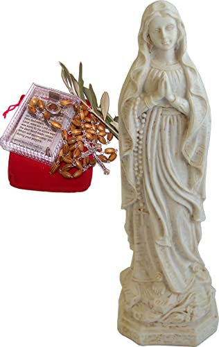 Holy Land Market Gesegnete Mutter Maria Figur – 22,9 cm, betend mit Olivenholz Rosenkranz aus dem Heiligen Land und Zertifikat
