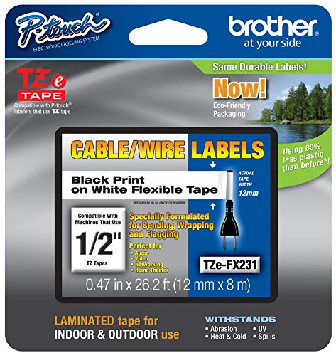 Brother Genuine P-Touch TZE-FX231 Tape, 1/2 (0.47) Wide Flexible-ID Laminated Tape, Black on White, Best Suited for Wire Wrapping and Frlagging, Water-Resistant, 0.47 x 26.2' (12mm x 8M), TZEFX231