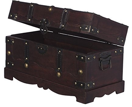 FD00432 Truhe, Holztruhe, Schatzkiste,Kiste, Piratenkiste, Kleinmöbel, Mit Metallbeschlägen, Antikoptik, Holz, verschieden Größen, Maritim, Deko, Hochwertig, Kolonialtruhe, Kolonialstil, Holzbox, Truhe mit ornamenten und Lederriemen . Gr. M bis XXL (Größe M 40 x 19 x 22cm)