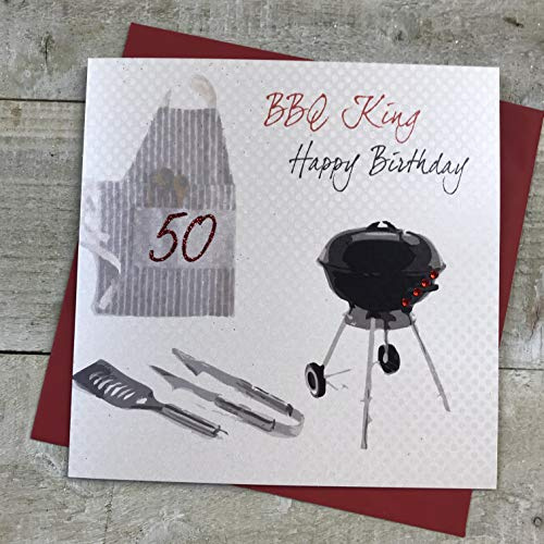 white cotton cards BBQ KING, 50 Happy Handmade 50th Birthday Card, White, SB7-50