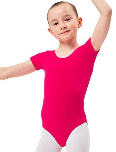 tanzmuster Ballettanzug Mädchen Kurzarm - Sally - aus weichem Baumwollstoff - Ballett Trikot Ballettbody in pink, Größe 92/98