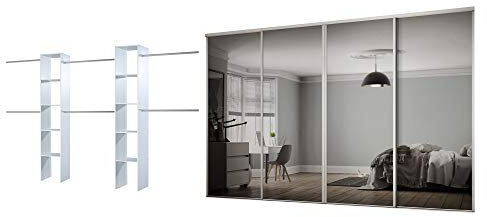 SPACEPRO Sliding Wardrobe Doors White Frame Mirror | 4 Door Modern Sliding Door Wardrobe with Full Length Mirror Wardrobe Panels BSEN12600 | Closet for Bedroom | Ideal for 2260mm x 3606mm opening