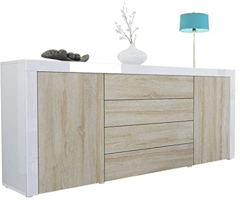 Vladon Sideboard Kommode La Paz, Made in Germany, Korpus in Weiß Hochglanz/Front in Eiche sägerau mit Rahmen in Weiß Hochglanz