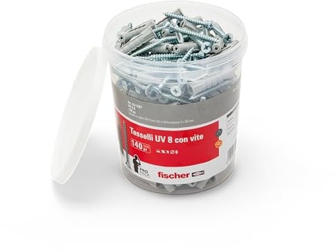 Fischer UV 8 S Secchiello con 140 Tasselli con Vite 8 x 40 mm, 140 Tasselli + 140 Viti, per Mattoni Pieni e Forati, 531387, Grigio