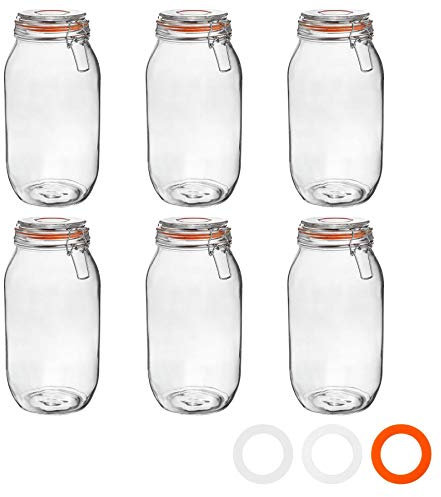 Argon Tableware Glass Jars with Airtight Metal Clip Lid - 2000ml/70.3oz - 6 Pack - 4 Colour Seals - Extra Large Storage Container Round Preserving Jar for Pickling, Chutney, Jam, Coffee, Biscuit