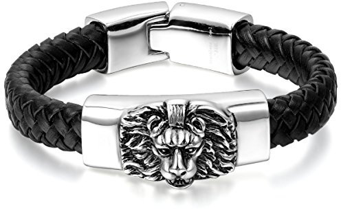JewelryWe Schmuck Herren Armband, Gotik Löwe Geflochten Charms Armreif, Echtleder Leder Edelstahl, Schwarz Silber