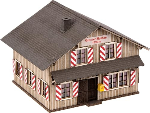NOCH Bergrestaurant „Grosser Mythen“, detailgetreues Modellgebäude mit Laser-Gravur, für Spur N, inkl. Länderflaggen