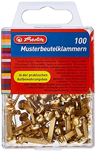 Herlitz 8770307 Musterbeutelklammer, Metall, Rundkopf, 100 Stück In Hängebox, Messing
