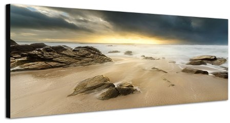 Paul Sinus Art Panoramabild auf Leinwand und Keilrahmen 120x40cm Strand Meer Steine Dunst Sonnenuntergang