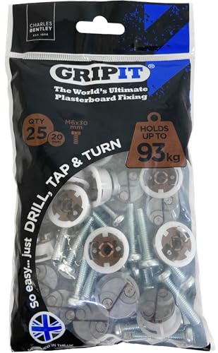 Gripit Brown Plasterboard Fixings - Pack of 25 - Heavy Duty Stud Wall fixings - Plasterboard Anchors - Ideal for Radiators, AV Equipment and Lighting - Easy Install - Holds Up to 93kg - UK Designed