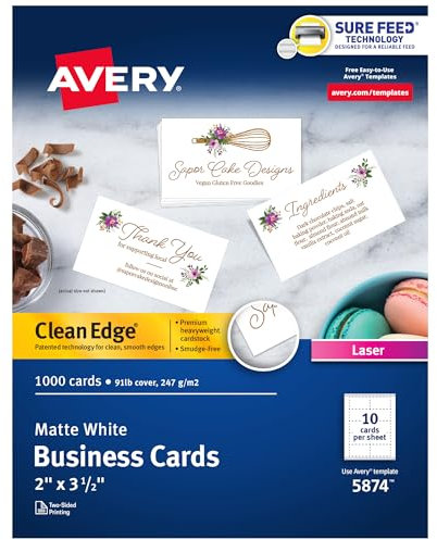 Avery Clean Edge bedruckbare Visitenkarten mit Sure Feed Technologie, 5,1 x 8,9 cm, weiß, 1.000 Blanko-Karten für Laserdrucker (5874)