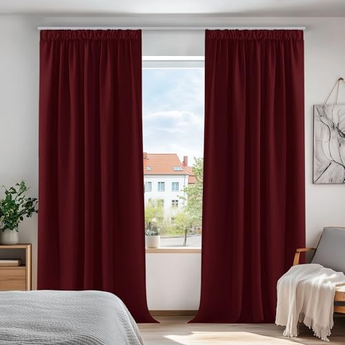 Deconovo Vorhänge mit Kräuselband Blickdicht Lichtundurchlässige Deko Rot | 2er Set, H 229 x B 229 cm, Thermogardine Wärmeisolierend, für Wohnzimmer, Schlafzimmer Gardinen, Extra Breite, Sichtschutz
