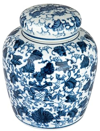 Creative Co-Op Blue & White Ceramic Ginger Jar with Lid