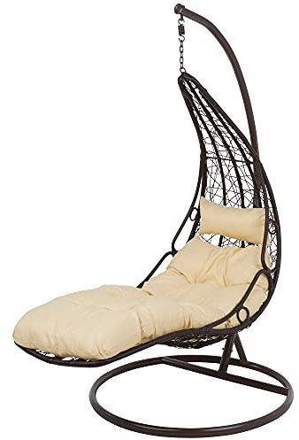 PATIO Hängesessel mit Gestell Hängestuhl Indoor Outdoor Polyrattan braun Stahlgestell beige Auflage Kopfkissen Titus Wenge