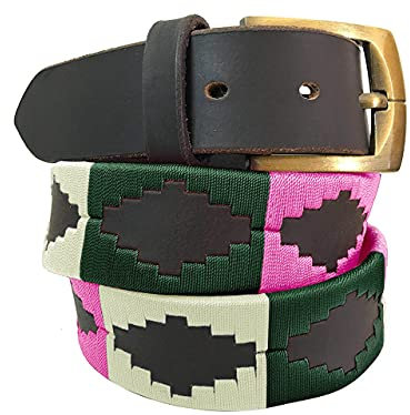 CARLOS DIAZ Herren Damen Premium Unisex Braunes Leder Bestickt Designer Polo Gürtel (100 cm/ 38-40 Inches)