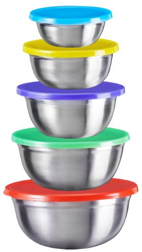 King Schüssel-Set Funny 5-teilig mit Deckeln, Größen ca. 12, 14, 16, 18, 20 cm, Edelstahl, mit farbigen Deckeln