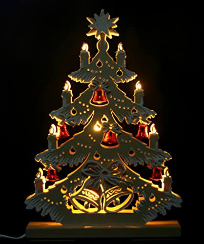 3D LED - Schwibbogen-Spitze Tanne 44cm mit roten Glöckchen & Raureif - Handarbeit Erzgebirge
