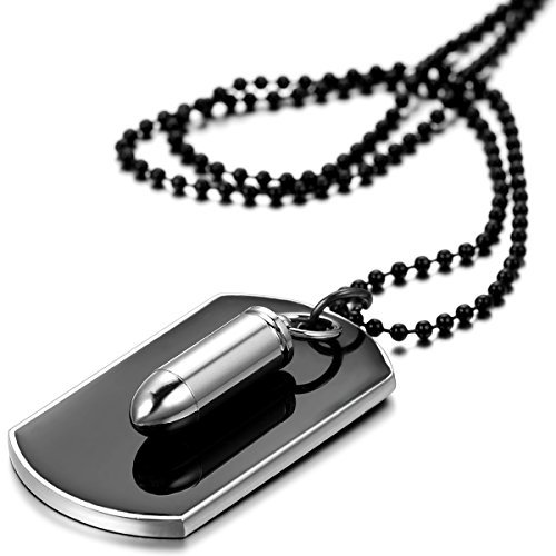 JewelryWe Personalisierte Schmuck Herren Halskette, Schwarz Silber Gewehrkugel Geschoss Militärischen Erkennungsmarken Armee Stil Dog Tag Anhänger mit 70cm Kette, kostenlos Gravur