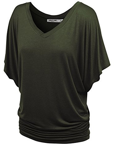 Lock and Love Damen Solid Kurzarm U-Boot Rundhals V Ausschnitt Dolman Top XS - 5XL Übergröße, Oliv, 4X-Groß