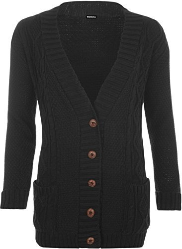 WearAll Womens Cable Knitted Button Cardigan Long Sleeve Ladies Boyfriend Top - Black - 12/14