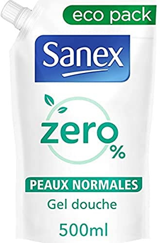 SANEX - Recharge Gel Douche Sans Savon Zéro% (0%) Peaux normales - Sans Colorants - Formule respectueuse de la peau et contribuant au respect de l'environnement - 500 ml