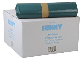 Funny LDPE-Regenerat Müllsacke, Typ 80, blau, gerollt, 120 l, 1er Pack (1 x 250 Stück)