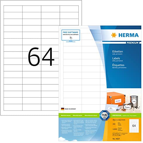 HERMA 4607 Universal Etiketten, 200 Blatt, 48,3 x 16,9 mm, 64 pro A4 Bogen, 12800 Stück, selbstklebend, bedruckbar, matt, blanko Papier Klebeetiketten Aufkleber, weiß