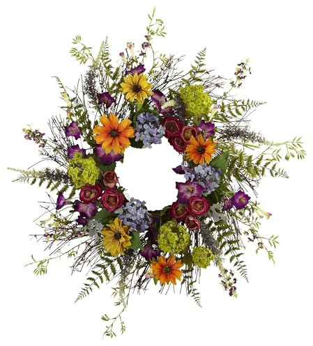 Nearly Natural 24-Inch Spring Garden Wreath with Twig Base, Multicolored/Green