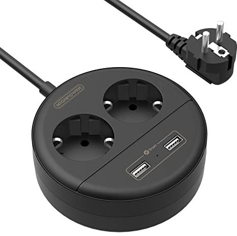 NTONPOWER-Steckdosenleiste, 2 Steckdosen mit 2 USB-Anschlüssen, Steckdosenleiste, freie Wandhalterung, platzsparende runde Steckdosenleiste, Überlastschutz, 1,5 m langes Kabel - Schwarz