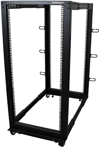 StarTech.com Rack Serveur Mobile 25U 4 Poteaux, Rack Réseau 19 4 Poteaux avec Roulettes, Rack avec Profondeur Ajustable pour PC/AV/IT - Roulettes/Pieds de nivellement/Fixation au Sol (4POSTRACK25U)