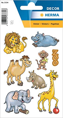 HERMA 3334 Aufkleber Zootiere klein groß, 24 Stück, Tiere Sticker mit Löwe Elefant Giraffe Affe Motiv, Kinder Etiketten für Fotoalbum Tagebuch Poesiealbum Scrapbooking Geburtstag Dekoration Briefe DIY