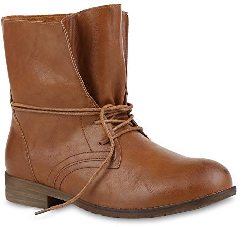 stiefelparadies Damen Stiefeletten Schnürstiefeletten Leder-Optik Schuhe Kurzschaft-Stiefel Boots Klassische Schnürboots 59677 Braun 39 Flandell