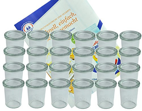 MamboCat 24er Set Weckgläser Sturzglas mit Deckel 160 ml I Original Weck Sturzglas Dessertglas I Einweckgläser mit Deckel für Kuchen Gelees UVM I inkl. Diamant-Zucker Gelierzauber Rezeptheft
